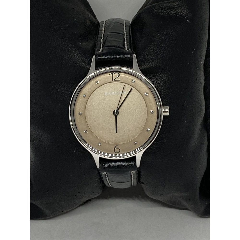 Skagen SKW2649 Women's Black Leather Beige Analog Dial Quartz Wrist Watch LJ148